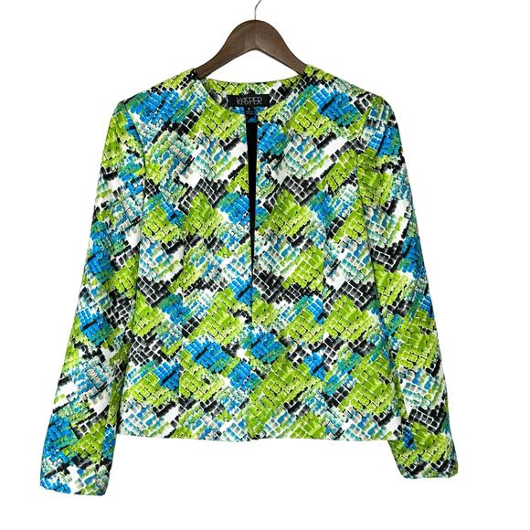 Kasper Bright Blue Green Reptile Print Collarless Open Front Jacket Blazer - Picture 3 of 12